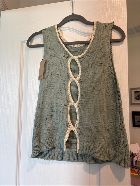 Sunday edition￼ Tops - Knit Sleeveless Tank with Ivory Chain Detail - Sage Green